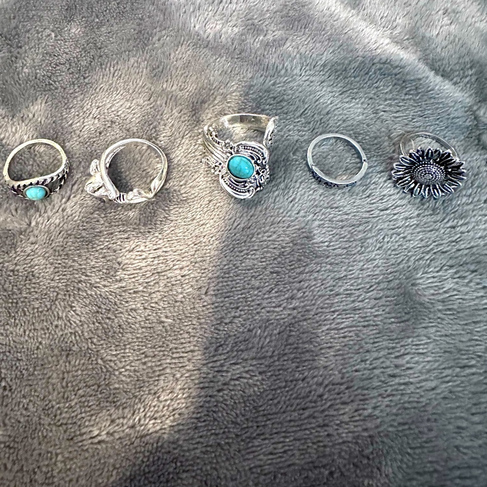 Assorted silver tone and turquoise rings